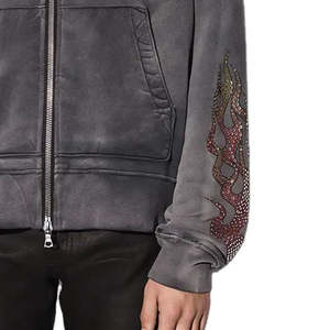 Customize High Quality <b>Oversized</b> Vintage Washed Distressed Streetwear <b>Hoodie</b> Rhinestone Raw Hem Hidden Pocket Jogging <b>Hoodie</b> - Product Image 4