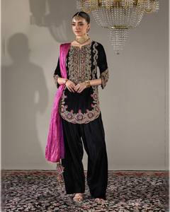 Vintage Velvet <b>Top</b>-Farshi Salwar and Dupatta Set for Women Party Ready Fully Stitched - Product Image 1