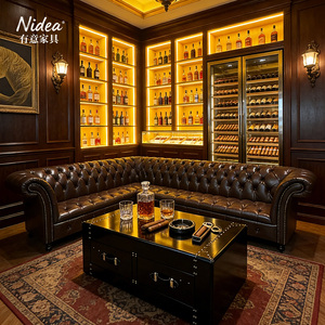 Divano Angolare Chesterfield Classico di Lusso <span class=keywords><strong>a</strong></span> L, in Vera Pelle Marrone Scuro, Trapuntato, per Soggiorno e Hall d'Hotel - Product Image 3