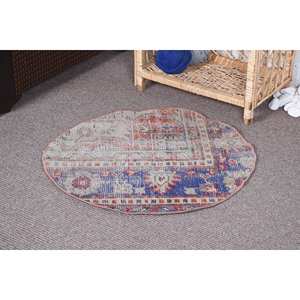 Tapis Vintage en Laine Fait Main Rouge Bleu Patchwork Grande Surface 2.3ft X 2.3ft Rectangle Motif Abstrait pour Couloir Tapis de Chambre en Jute - Product Image 1