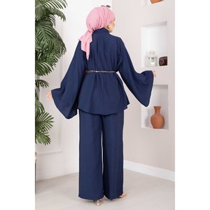Stylish <b>Navy</b> Blue Chain Belt Tunic and Pants Set Casual Flared Velour and Crepe One Set - Product Image 4