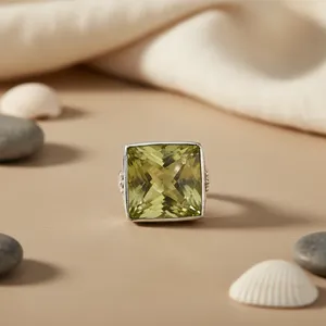 Anillo de cóctel cuadrado de plata de ley 925 con baño de rodio, cuarzo limón con engaste de bisel, estilo étnico, joyería de boda para mujer - Product Image 2