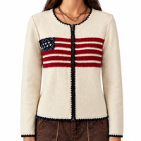 Cardigan zippé en coton doux personnalisé pour femme, motif drapeau américain, tricot jacquard, coupe ajustée, col rond, style vintage preppy, vente en gros