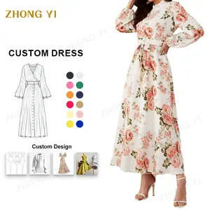 Custom Women's Clothing Autumn Long Sleeves With Elastic Cuffs Floral Print Elegant Tunic Chiffon Silk Loose Maxi Casual Dresses