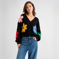 Cardigan en tricot pour femme, style bohème, en laine/nylon, à col en V, manches longues, anti-plis, avec broderie et logo frontal, idéal pour le quotidien