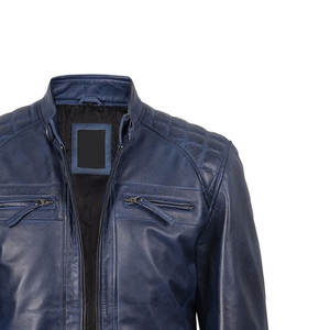Chaqueta de invierno con cremallera y botones de manga larga ajustada de cuero azul claro suave para hombre precio al por mayor con lona impermeable y transpirable - Product Image 5