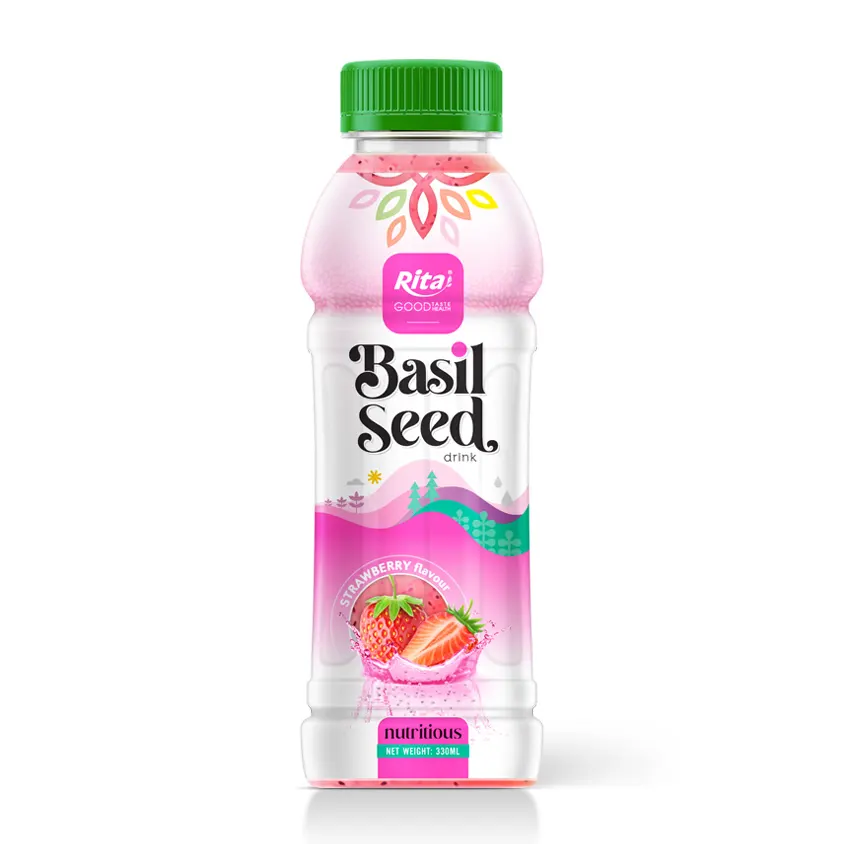 Vietnam Product Best Sell Foods And Drinks 330 ml Pet Bottle Strawberry Basil Seed Drink Manufacturers