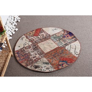 Alfombra turca Vintage de 3,4x3,4 pies, Alfombra de lana tejida plana roja y Beige con respaldo de látex para decoraciones de sala de estar - Product Image 4