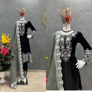 Tissu haut en velours de Viscose lourd avec broderie, travail manuel, manches longues, bas de robe dupata, costume de créateur prêt à l'emploi - Product Image 4