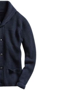 Pull cardigan en tricot côtelé à col châle boutonné, tricot texturé chaud d'hiver, couleur bleu marine, coton, vêtement décontracté tendance - Product Image 3