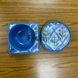 Light Steel <b>Blue</b> Quilted Piping <b>Coasters</b> Set 5x5" Bohemian Eco-Friendly Hand Block Printed Reusable Fabric Home Offices Cafes - Product Image 1