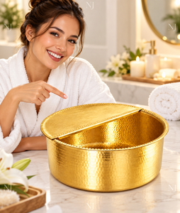 Bol à pédicure rond en métal martelé NJ Gold avec couvercle, bassin de bain de pieds portable pour SPA et usage domestique - Product Image 3