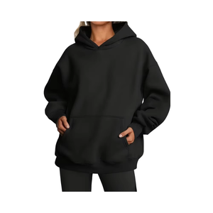 Sudadera con capucha informal para mujer Color sólido Ajuste relajado Hombro caído Manga larga Bolsillos delanteros Dobladillo plisado Primavera/Otoño Sudadera con capucha BD - Product Image 1