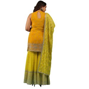 Costume Sharara Chinon jaune chromé avec broderie pour femme réception de mariage et tenues indiennes traditionnelles - Product Image 6