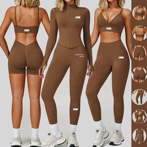 Ensemble de yoga 3 pièces pour femme : Leggings taille haute longueur intégrale, haut court zippé, couleur unie, sans couture, en Spandex et Polyester, tenue de sport - Product Image 2