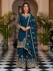 Elegant Dark Blue <b>Silk</b> Salwar Kameez With Gold Embroidery Traditional Pakistani Designer Stitched Suit Floor-Length Women's Wear - Product Image 4