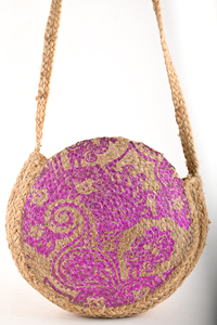 Sac à bandoulière rond en jute bohème tendance pour femme avec motif imprimé, sac de voyage écologique à fermeture ouverte pour l'été - Product Image 2