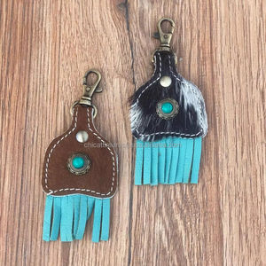 พวงกุญแจหนังแท้สไตล์ตะวันตกใหม่ทำจากหนังสีเทอร์ควอยซ์ - Product Image 3