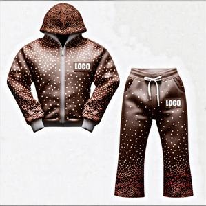 Logo personnalisé pour femmes, survêtement avec strass, jogging évasé, pantalon de survêtement et sweat à capuche avec fermeture éclair, fournisseur d'ensemble - Product Image 1