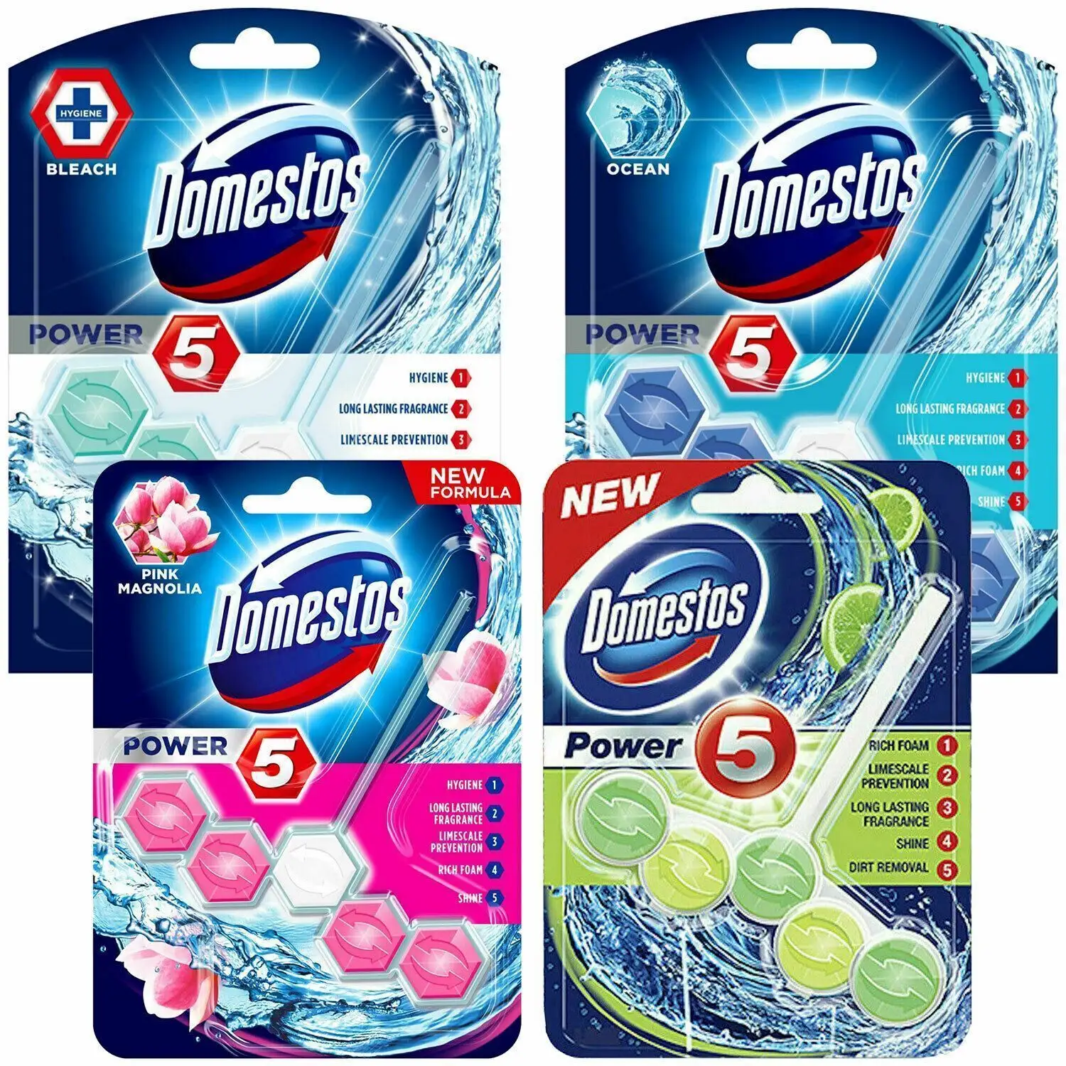 Domestos Ocean Bloco de aro de vaso sanitário que limpa a potência máxima até 300 descargas No. 1 marca de limpeza de banheiro 2ct x7