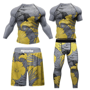 OEM ODM Sportswear Men's <b>Compression</b> Leggings Yellow Gray Leaf Print Quick Dry Seamless Sport Pants - Product Image 1