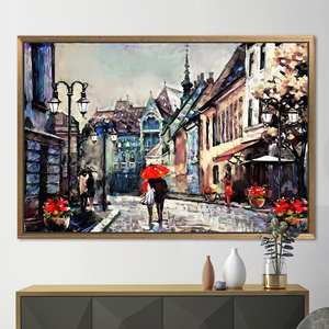 ภาพพิมพ์บนผ้าใบคู่รักแสนโรแมนติก, ภาพศิลปะคนรักใต้ร่มแดงในเมือง,1P:กรอบสีทอง - Product Image 1