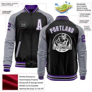 Custom Black <b>Purple</b>-Gray Bomber <b>Varsity</b> Letterman Two Tone Zipper <b>Jacket</b> Windbreaker Streetwear Vintage Men's <b>Varsity</b> <b>Jacket</b> - Product Image 2