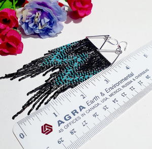 Long Fringe <b>Earrings</b>/Silver Tone Triangular Beaded <b>Earrings</b> .5 Inches Long Japanese Seed Bead <b>Turquoise</b> Black and Silver Color - Product Image 2