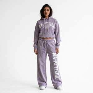 Custom Women Acid Wash Lavender <b>Crop</b> Hoodie Wide Leg <b>Jogger</b> Set Cotton Fleece Streetwear Tracksuit OEM Wholesale - Product Image 1