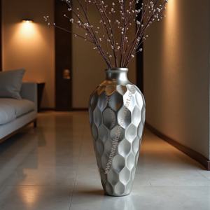 Florero de suelo clásico de hierro texturizado Hexagonal plateado, diseño costero, decoración elegante para boda hecha a mano - Product Image 6