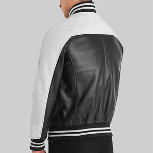 Veste varsity pour homme, noire et blanche, col montant, broderie, fermeture à boutons, logo sur le devant, style décontracté, pour l'automne - Product Image 2