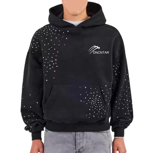 Custom Pullover Hoodie Men Streetwear Screen Printing Logo Vintage <b>Acid</b> Wash Oversized <b>Drop</b> Shoulder Rhinestone Hoodie - Product Image 2