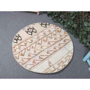 Tapis vintage 3,1 x 3,1 pieds, petit tapis turc, tapis ombré blanc et marron - Product Image 2