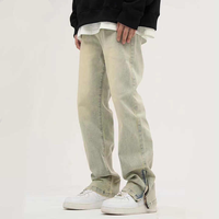 Jean en denim patchwork Stitchmode jaune délavé, taille mi-haute, doublé polaire, coupe bootcut vintage, ample et décontracté, fermeture éclair à la cheville, séchage rapide