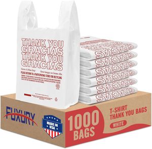 Bolsas de Plástico para Camisetas con Asas Fuxury Thank You Gracias, Paquete de 1000, para Compras, Restaurantes y Comida para Llevar - Product Image 1