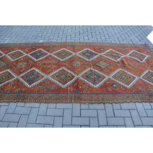 Alfombra Étnica Turca Vintage de 9x12 con Respaldo de Látex de Lana para Área Grande, Diseño de Retales Naranja y Beige, Estilo Rectangular para Pasillo - Product Image 3