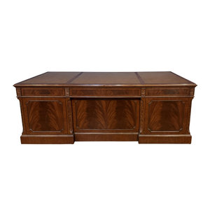 Mahogany Brown Leather Executive <b>Desk</b> Oversized Rectangular with Gold-Tooled Accents 1-Year Warranty - Product Image 2