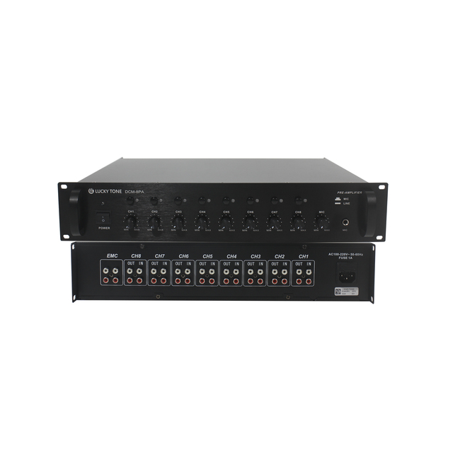 V 8-Channel Pre-Amplifier with HiFi Sound 8 Line/Mic Inputs & Automatic Mute Function for Paging Mall Hotel Factory