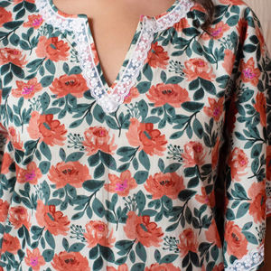 ชุดกางเกงและเสื้อคลุมผ้าฝ้ายพิมพ์ลายดอกไม้สีส้มสำหรับผู้หญิง ชุดคูร์ตะและกางเกงเข้าชุด ของขวัญสำหรับเธอ - Product Image 2