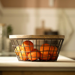 Kitchen Food <b>Storage</b> <b>Basket</b> with Wooden Lid Metal Container for Fruits and <b>Vegetables</b> Chopping Cutting board with metal <b>Basket</b> - Product Image 1