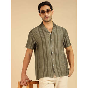 Amanush Olive Green Nylon Striped <b>Men's</b> Casual Short Sleeve Shirt Turn-down Collar Woven Herringbone Summer Style <b>Mens</b> Shirts - Product Image 1