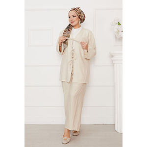 Women's Loose-Fitting Beige Suit Set with Front Tie Closure - Product Image 3