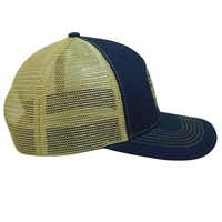 Casquette de camionneur personnalisée 6 panneaux, broderie tissée, bandes de couture imprimées en maille jaune bleu marine, boucle en plastique unique unisexe