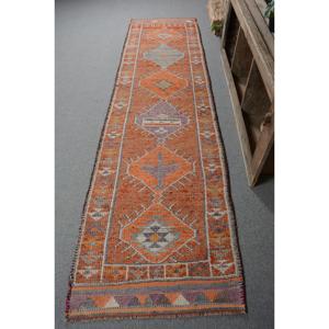 Vintage Turkish <b>Rug</b>, 2.8x11.4 ft <b>Runner</b> <b>Rug</b>, Orange Purple Abstract <b>Rug</b> - Product Image 1