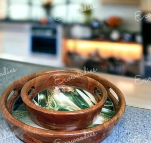 Bandejas de bambú marrón para servir, juego de bandejas de madera hechas a mano para mesa de comedor y sala de estar para servir alimentos y Decoración de cocina - Product Image 5