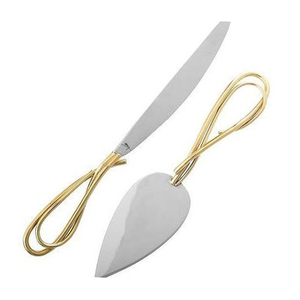 Juego de servidor de pastel de boda con mango de diseño de metal elegante y mangos dorados con cable incluye cuchillos y herramientas esenciales para pastel - Product Image 1