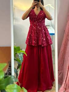 คอลเลคชั่นนักออกแบบชั้นนำสีแดงคอลเลคชั่น Sharara สำหรับสาวออนไลน์ชุดปาร์ตี้ที่ดีที่สุดปักลายทำงานอินโดการออกแบบตะวันตก - Product Image 3