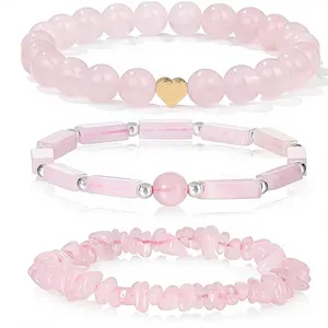 3pcs Trendy Rose Quartz Crystal Women's Bangle <b>Bracelet</b> Set 8mm Natural Gemstone Stretch <b>Healing</b> Stone Jewelry Gift - Product Image 1