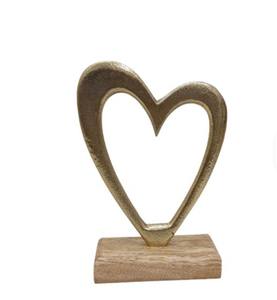 Decoración Moderna para el Hogar, Corazón de Aluminio de Tamaño Pequeño con Base Rectangular de Madera de Mango, Piezas Decorativas en Color Plateado y Natural - Product Image 1