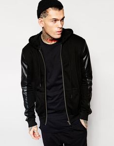 2025 plaine noir Patchwork cuir pull à capuche pour hommes garçons vente chaude 100% coton avec manches en cuir hiver mode - Product Image 2